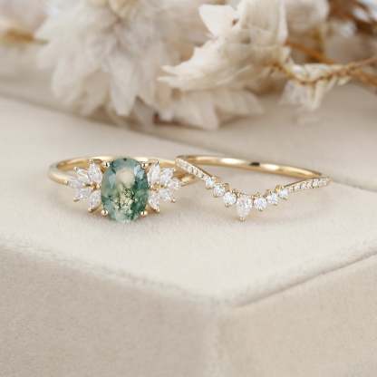 Oval Moss Agate engagement ring set Yellow gold engagement ring women unique marquise curved engagement ring art deco ring Bridal set