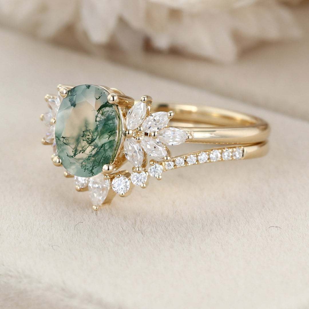 Oval Moss Agate engagement ring set Yellow gold engagement ring women unique marquise curved engagement ring art deco ring Bridal set
