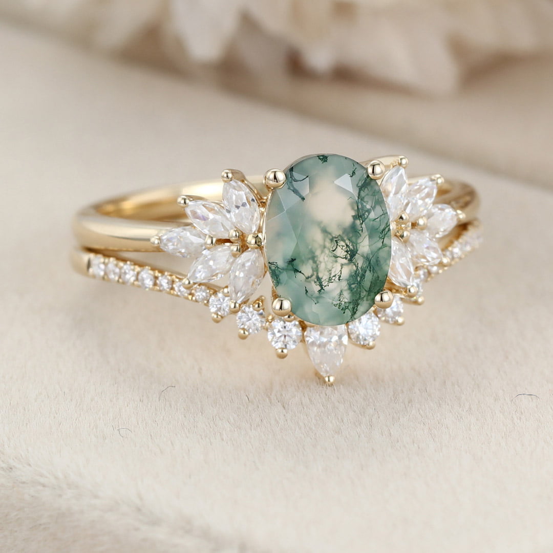 Oval Moss Agate engagement ring set Yellow gold engagement ring women unique marquise curved engagement ring art deco ring Bridal set