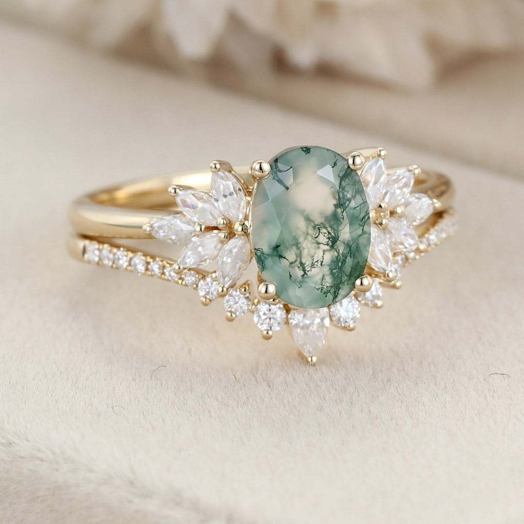 Oval Moss Agate engagement ring set Yellow gold engagement ring women unique marquise curved engagement ring art deco ring Bridal set