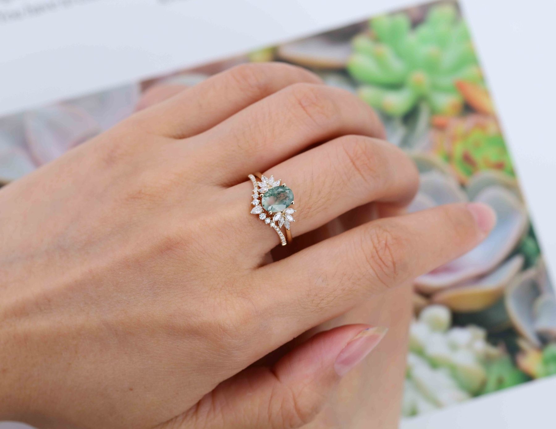 Oval Moss Agate engagement ring set Yellow gold engagement ring women unique marquise curved engagement ring art deco ring Bridal set