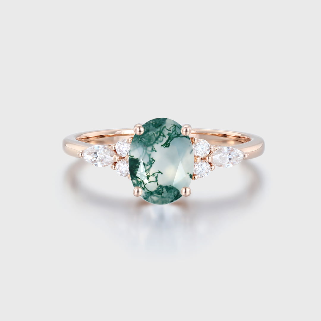 Oval Moss agate engagement ring Unique Rose gold engagement ring women Marquise ring Cluster engagement ring Bridal promise Anniversary gift
