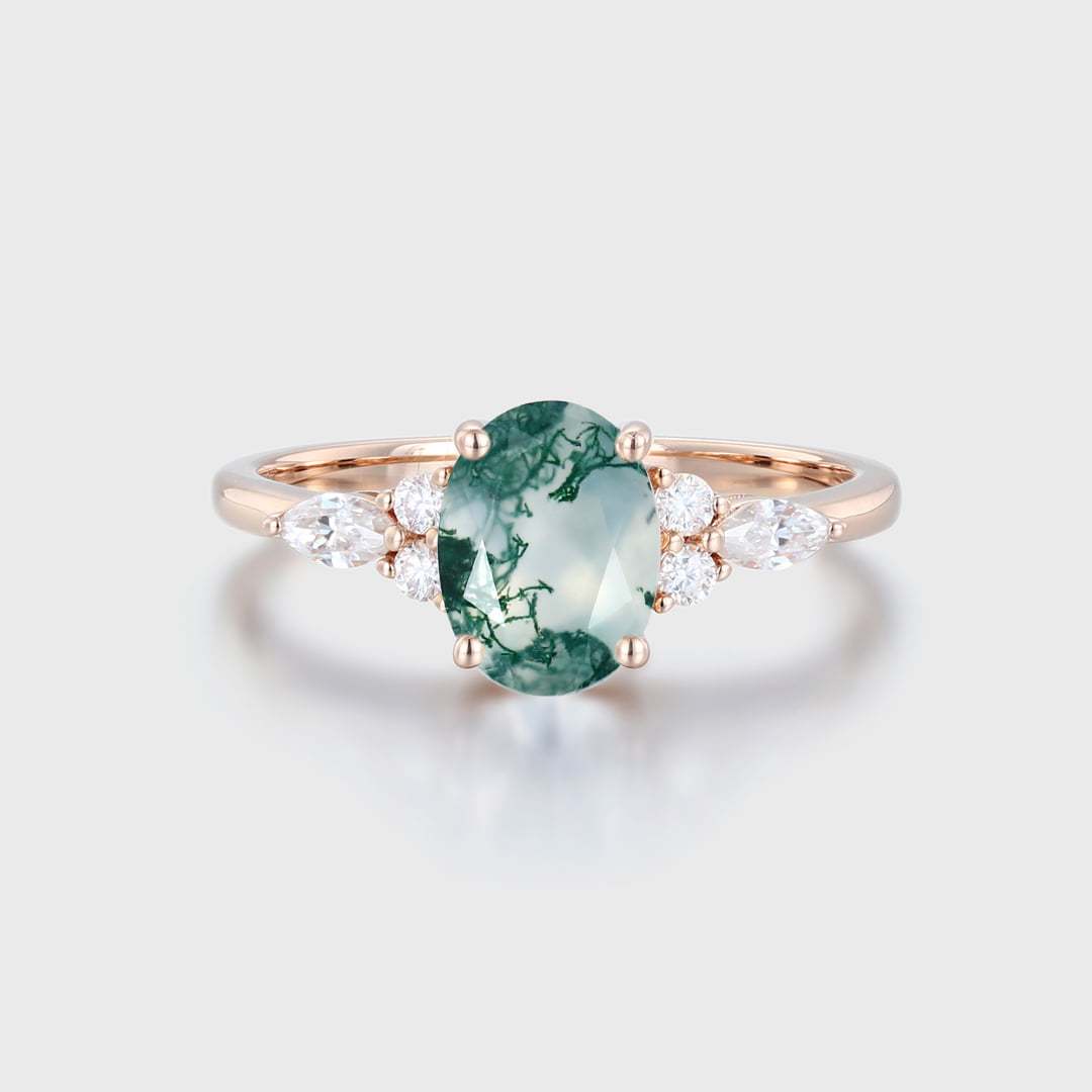 Oval Moss agate engagement ring Unique Rose gold engagement ring women Marquise ring Cluster engagement ring Bridal promise Anniversary gift