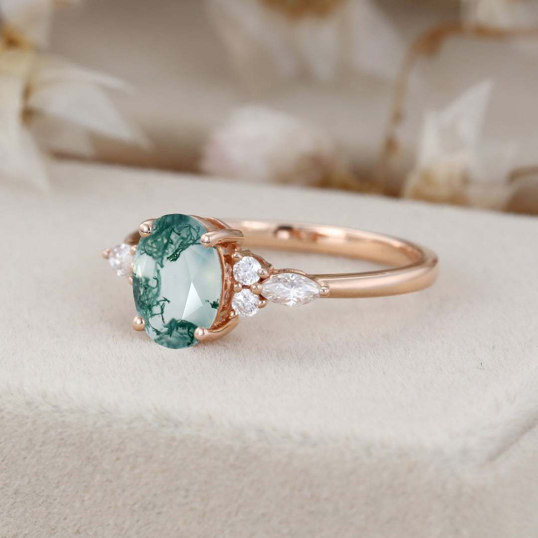 Oval Moss agate engagement ring Unique Rose gold engagement ring women Marquise ring Cluster engagement ring Bridal promise Anniversary gift