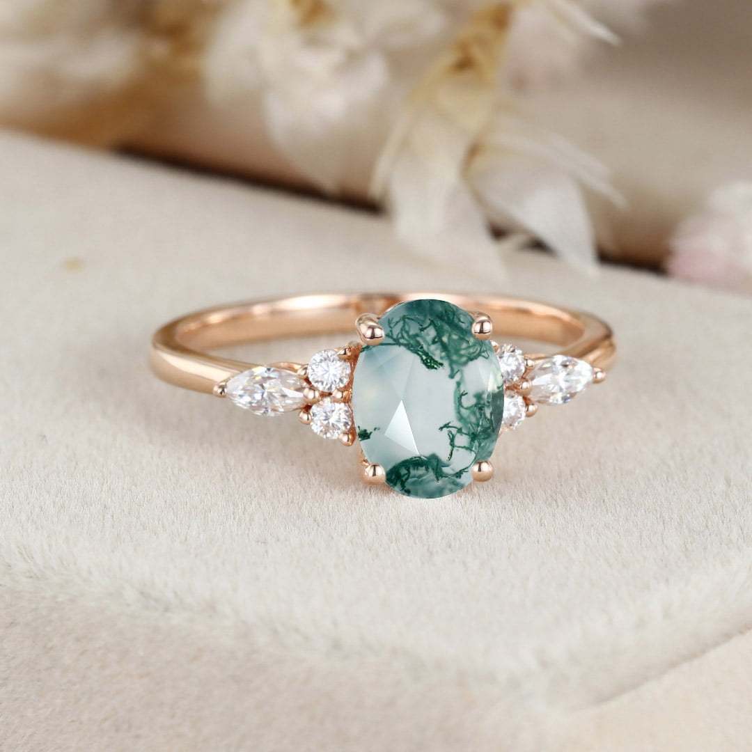 Oval Moss agate engagement ring Unique Rose gold engagement ring women Marquise ring Cluster engagement ring Bridal promise Anniversary gift