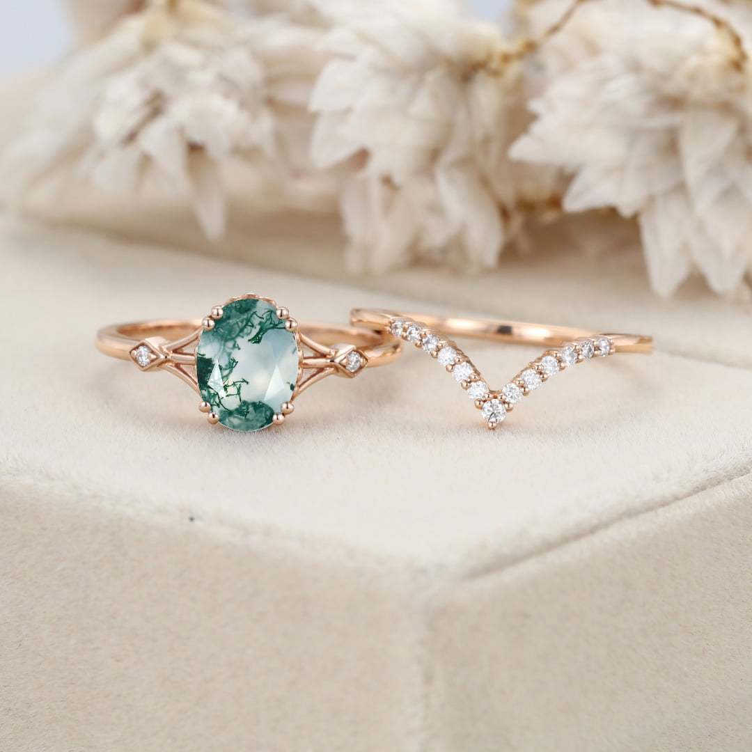 Oval Natural Moss Agate engagement ring set Vintage unique rose gold engagement ring woman Diamond wedding Bridal Anniversary gift