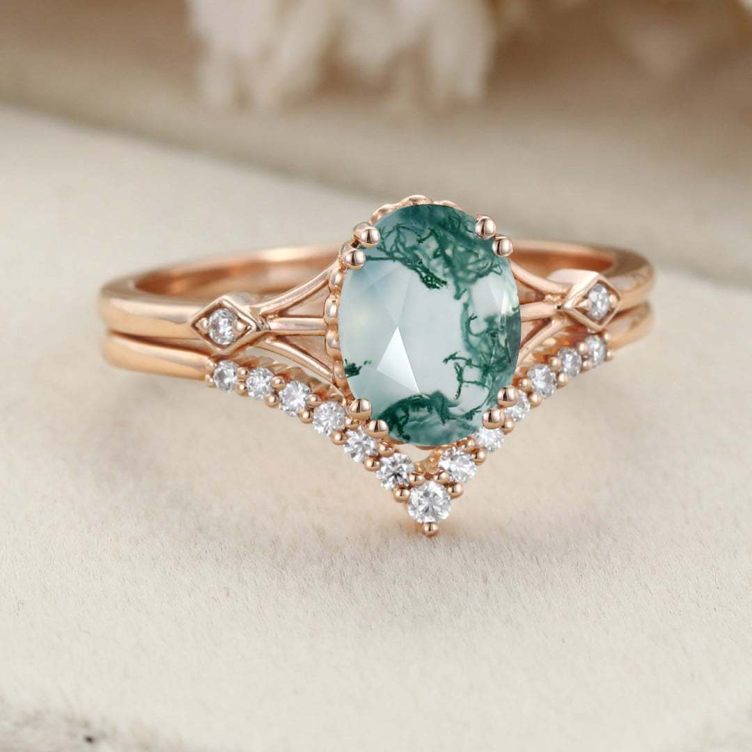 Oval Natural Moss Agate engagement ring set Vintage unique rose gold engagement ring woman Diamond wedding Bridal Anniversary gift