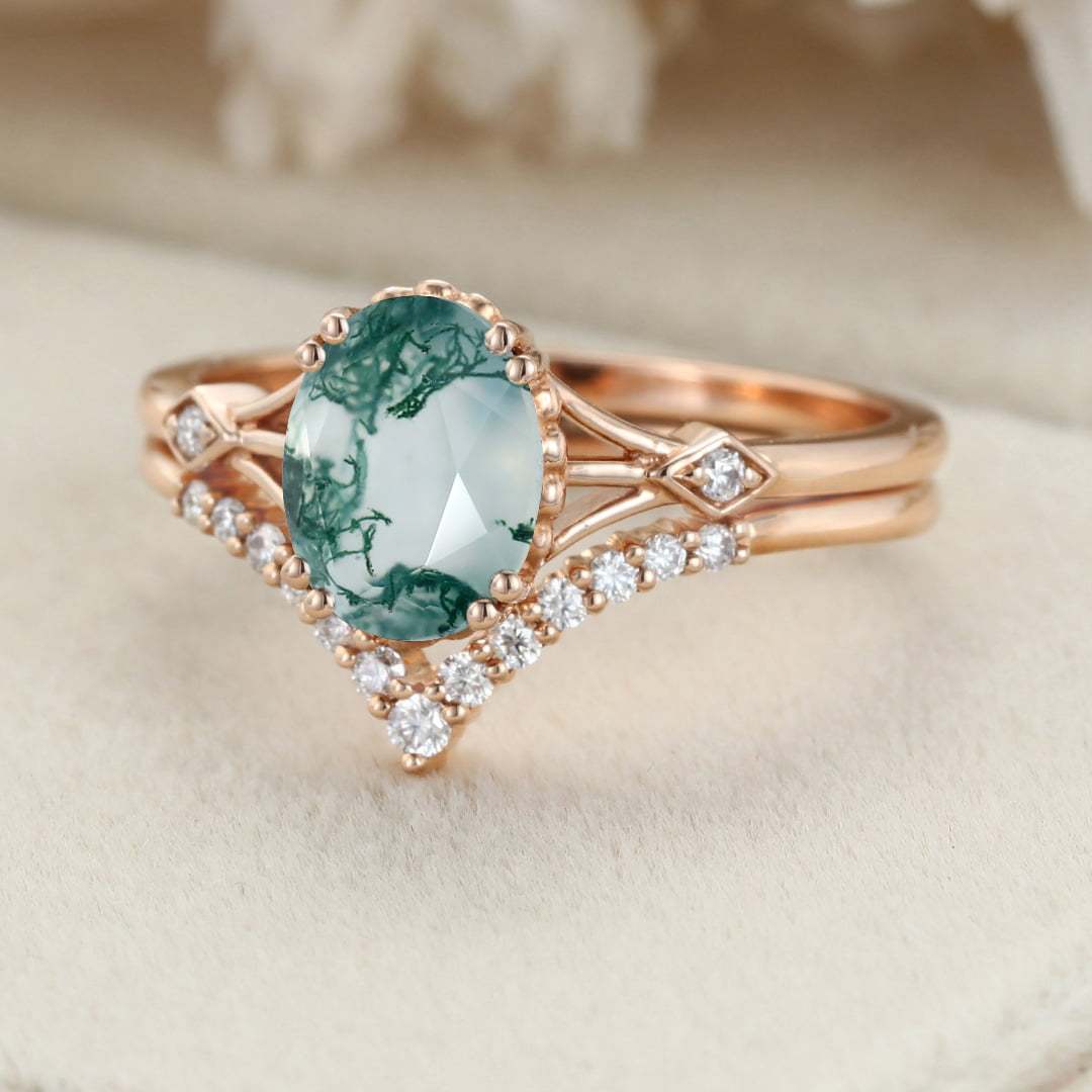 Oval Natural Moss Agate engagement ring set Vintage unique rose gold engagement ring woman Diamond wedding Bridal Anniversary gift