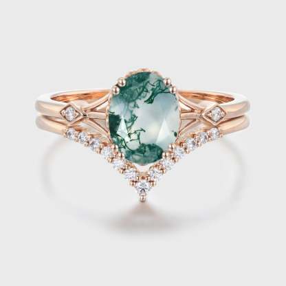Oval Natural Moss Agate engagement ring set Vintage unique rose gold engagement ring woman Diamond wedding Bridal Anniversary gift
