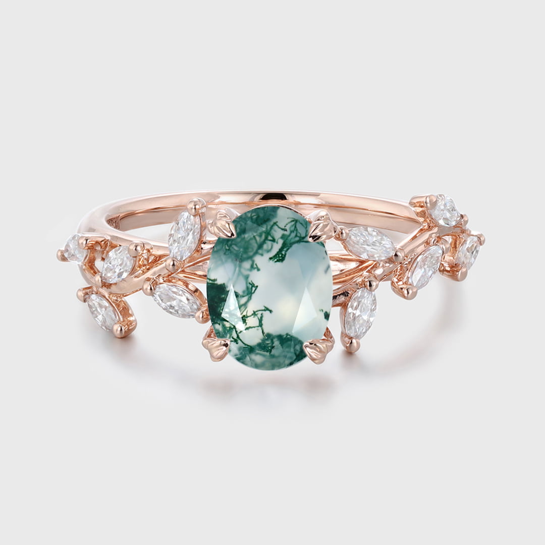 Oval Nature Inspired Floral Moss Agate Engagement Ring Branch Marquise Moissanite Cluster Ring 14K Solid Gold Ring