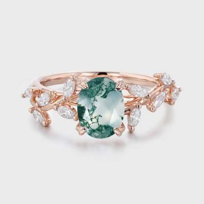 Oval Nature Inspired Floral Moss Agate Engagement Ring Branch Marquise Moissanite Cluster Ring 14K Solid Gold Ring