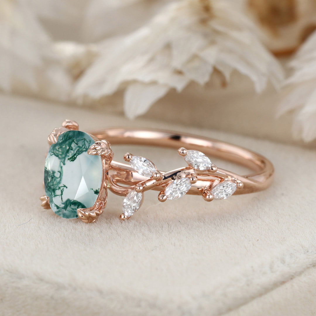Oval Nature Inspired Floral Moss Agate Engagement Ring Branch Marquise Moissanite Cluster Ring 14K Solid Gold Ring