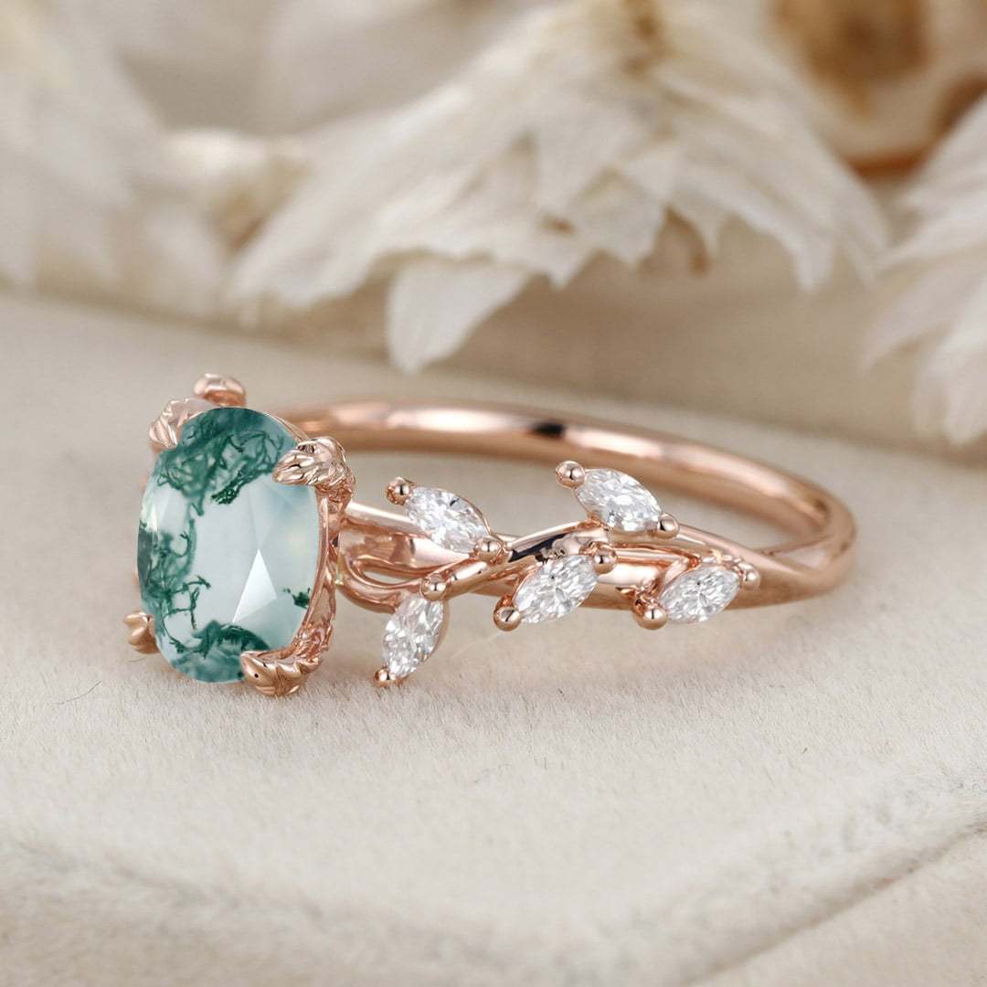 Oval Nature Inspired Floral Moss Agate Engagement Ring Branch Marquise Moissanite Cluster Ring 14K Solid Gold Ring