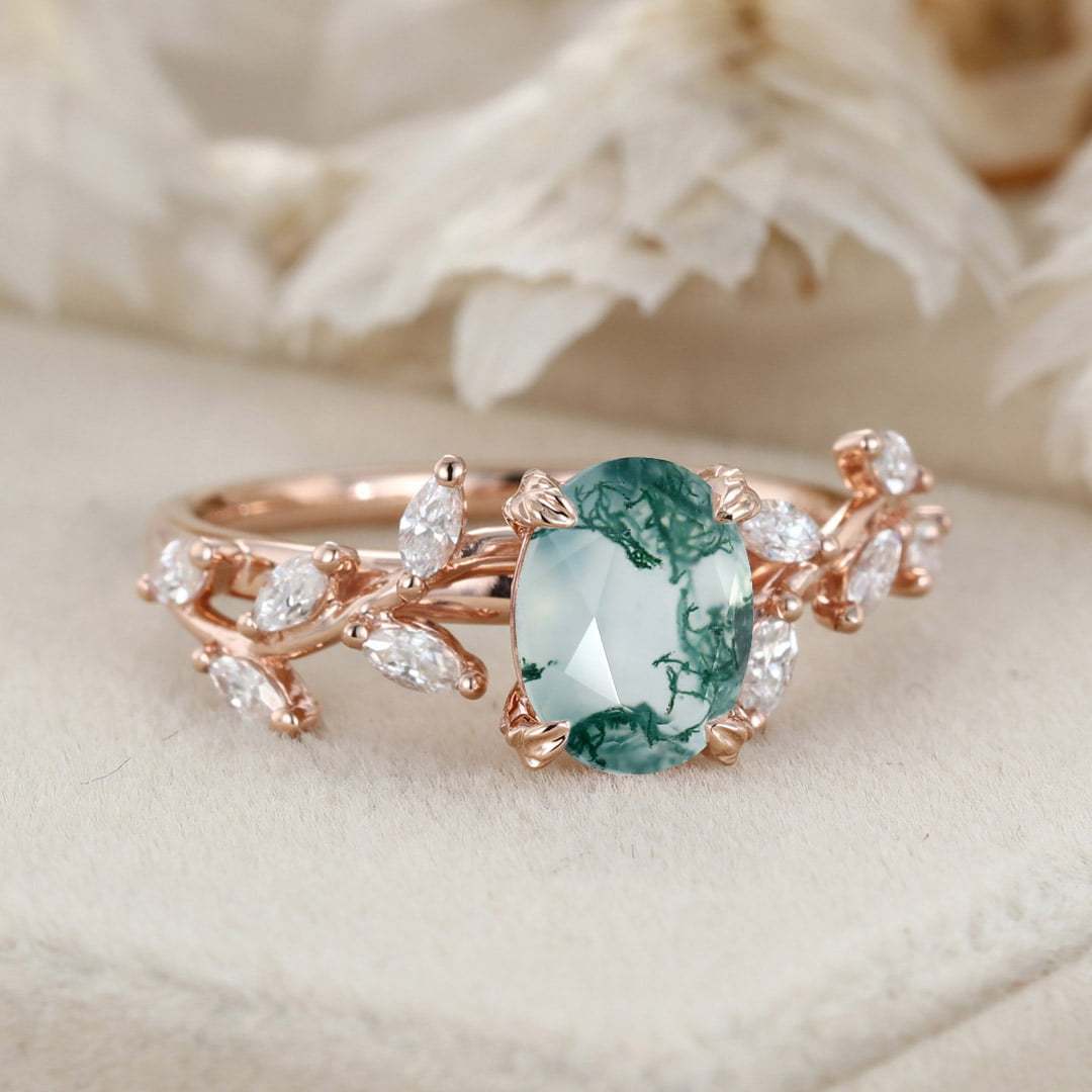 Oval Nature Inspired Floral Moss Agate Engagement Ring Branch Marquise Moissanite Cluster Ring 14K Solid Gold Ring