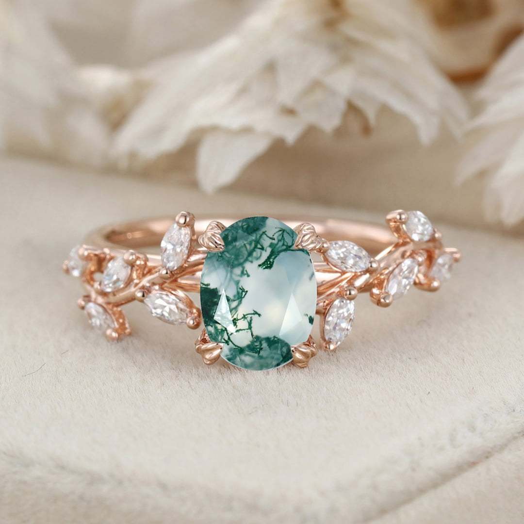 Oval Nature Inspired Floral Moss Agate Engagement Ring Branch Marquise Moissanite Cluster Ring 14K Solid Gold Ring