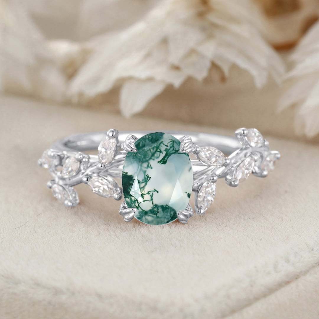 Oval Nature Inspired Floral Moss Agate Engagement Ring Branch Marquise Moissanite Cluster Ring 14K Solid Gold Ring