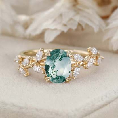 Oval Nature Inspired Floral Moss Agate Engagement Ring Branch Marquise Moissanite Cluster Ring 14K Solid Gold Ring