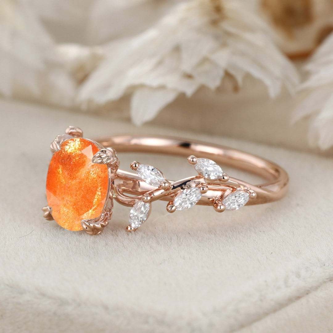 Oval Nature Sunstone Engagement Ring Branch Marquise Moissanite Cluster Ring 14K Solid Gold Ring