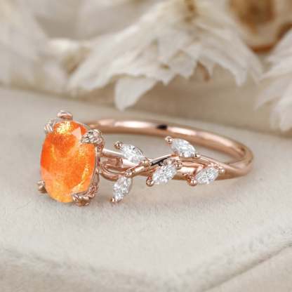 Oval Nature Sunstone Engagement Ring Branch Marquise Moissanite Cluster Ring 14K Solid Gold Ring