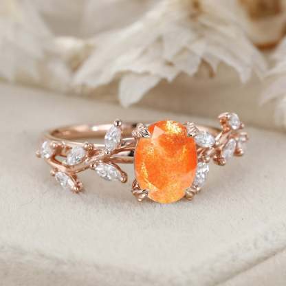 Oval Nature Sunstone Engagement Ring Branch Marquise Moissanite Cluster Ring 14K Solid Gold Ring