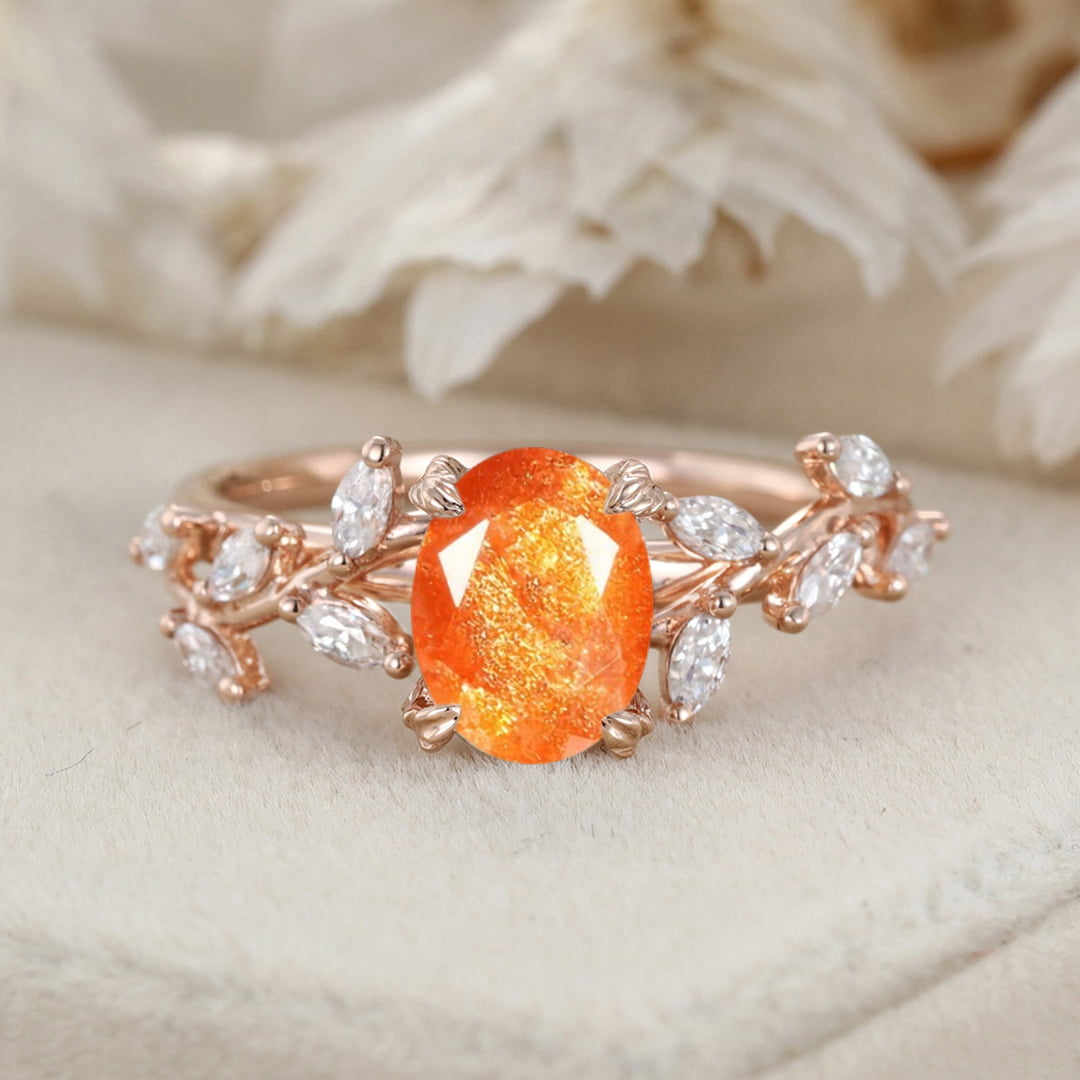 Oval Nature Sunstone Engagement Ring Branch Marquise Moissanite Cluster Ring 14K Solid Gold Ring