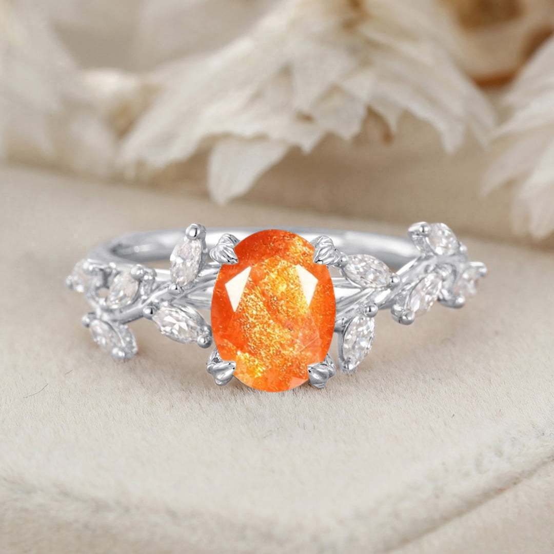 Oval Nature Sunstone Engagement Ring Branch Marquise Moissanite Cluster Ring 14K Solid Gold Ring