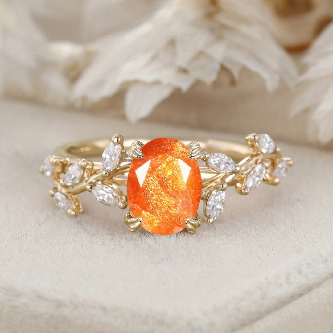 Oval Nature Sunstone Engagement Ring Branch Marquise Moissanite Cluster Ring 14K Solid Gold Ring