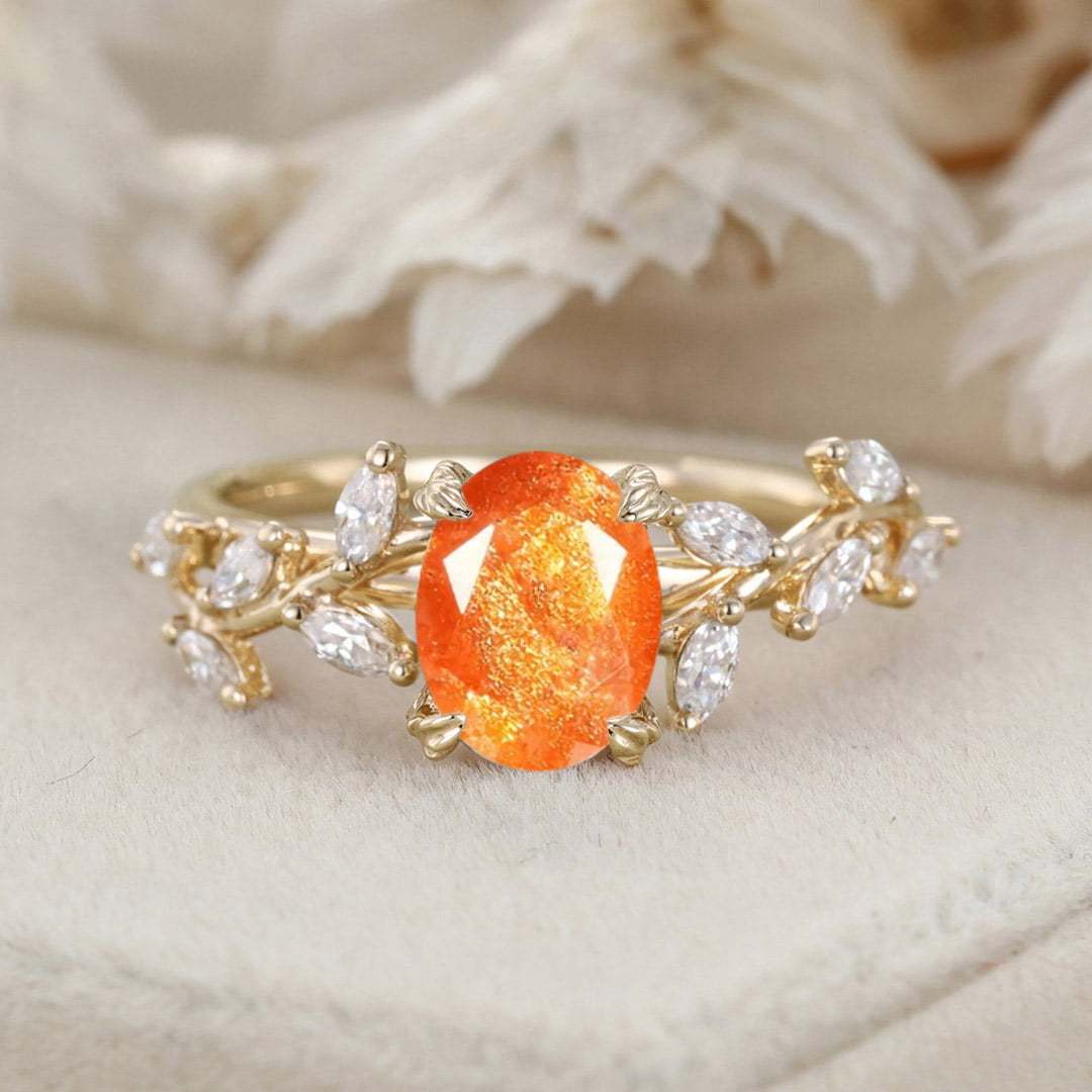 Oval Nature Sunstone Engagement Ring Branch Marquise Moissanite Cluster Ring 14K Solid Gold Ring
