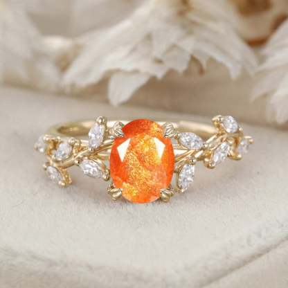 Oval Nature Sunstone Engagement Ring Branch Marquise Moissanite Cluster Ring 14K Solid Gold Ring