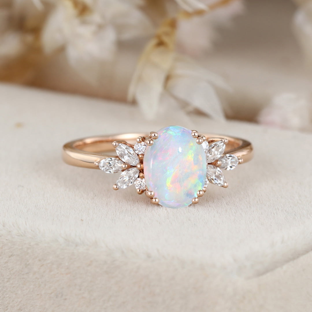 Oval Opal engagement ring Vintage women Rose gold moissanite ring Unique diamond wedding ring Bridal marquise cut art deco ring