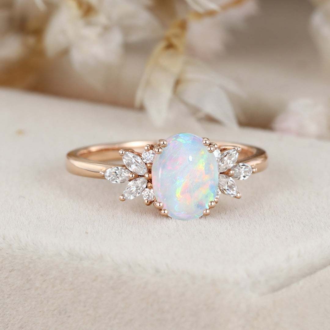 Oval Opal engagement ring Vintage women Rose gold moissanite ring Unique diamond wedding ring Bridal marquise cut art deco ring
