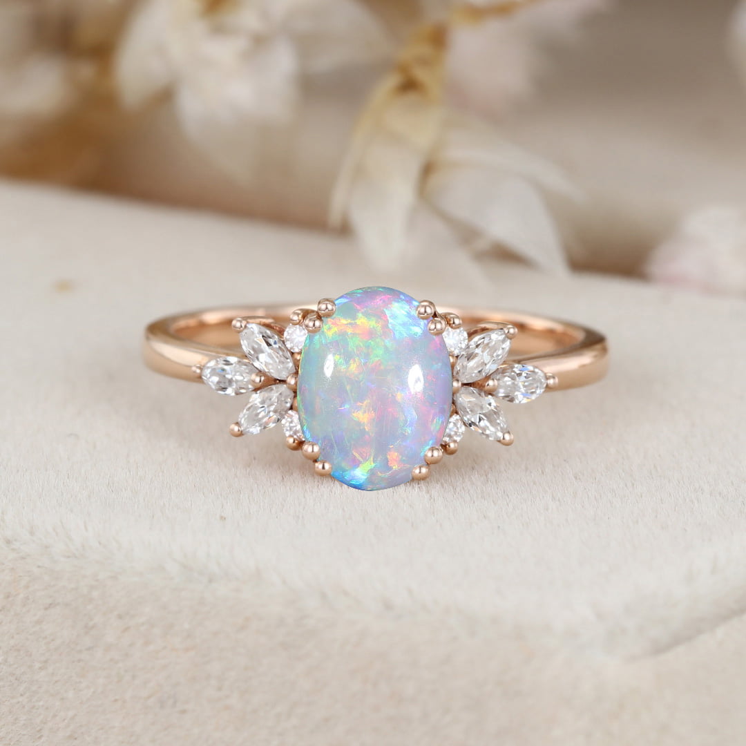 Oval Opal engagement ring Vintage women Rose gold moissanite ring Unique diamond wedding ring Bridal marquise cut art deco ring
