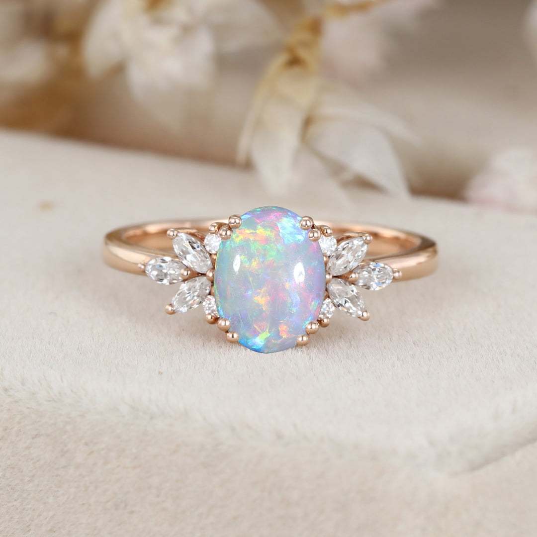 Oval Opal engagement ring Vintage women Rose gold moissanite ring Unique diamond wedding ring Bridal marquise cut art deco ring