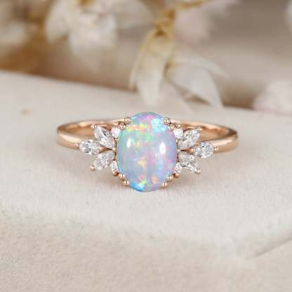Oval Opal engagement ring Vintage women Rose gold moissanite ring Unique diamond wedding ring Bridal marquise cut art deco ring