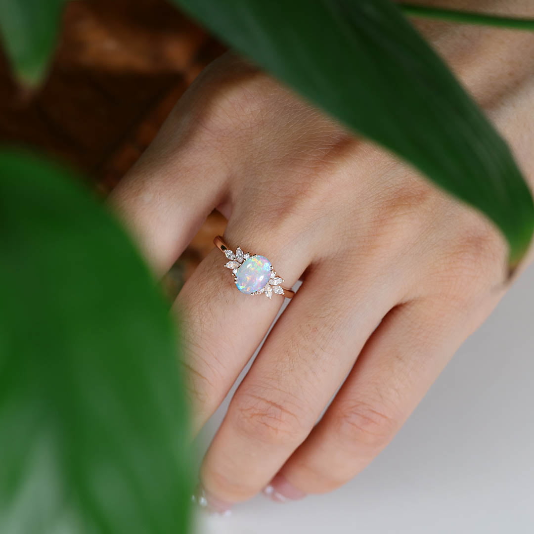 Oval Opal engagement ring Vintage women Rose gold moissanite ring Unique diamond wedding ring Bridal marquise cut art deco ring