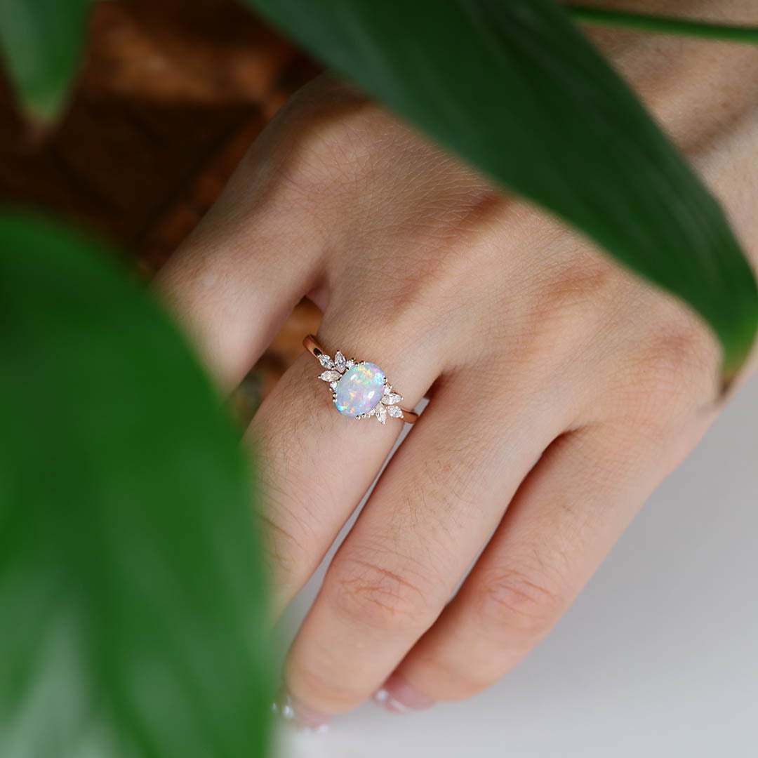 Oval Opal engagement ring Vintage women Rose gold moissanite ring Unique diamond wedding ring Bridal marquise cut art deco ring