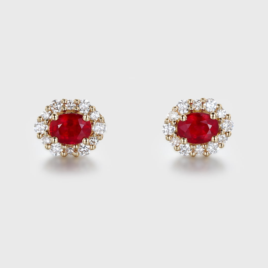 Oval Ruby Stud Earrings Moissanite Halo Earrings Elegant Earrings 18KYellow gold Earrings Dainty Diamond Earrings