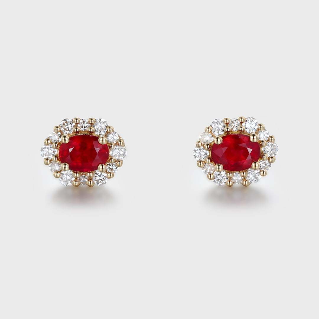 Oval Ruby Stud Earrings Moissanite Halo Earrings Elegant Earrings 18KYellow gold Earrings Dainty Diamond Earrings