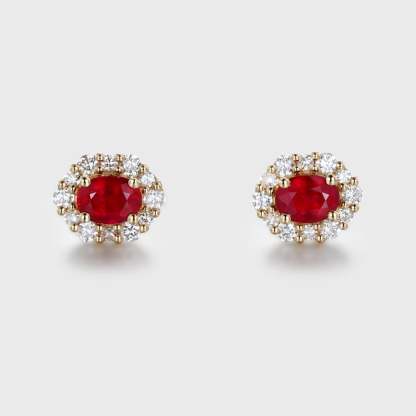 Oval Ruby Stud Earrings Moissanite Halo Earrings Elegant Earrings 18KYellow gold Earrings Dainty Diamond Earrings