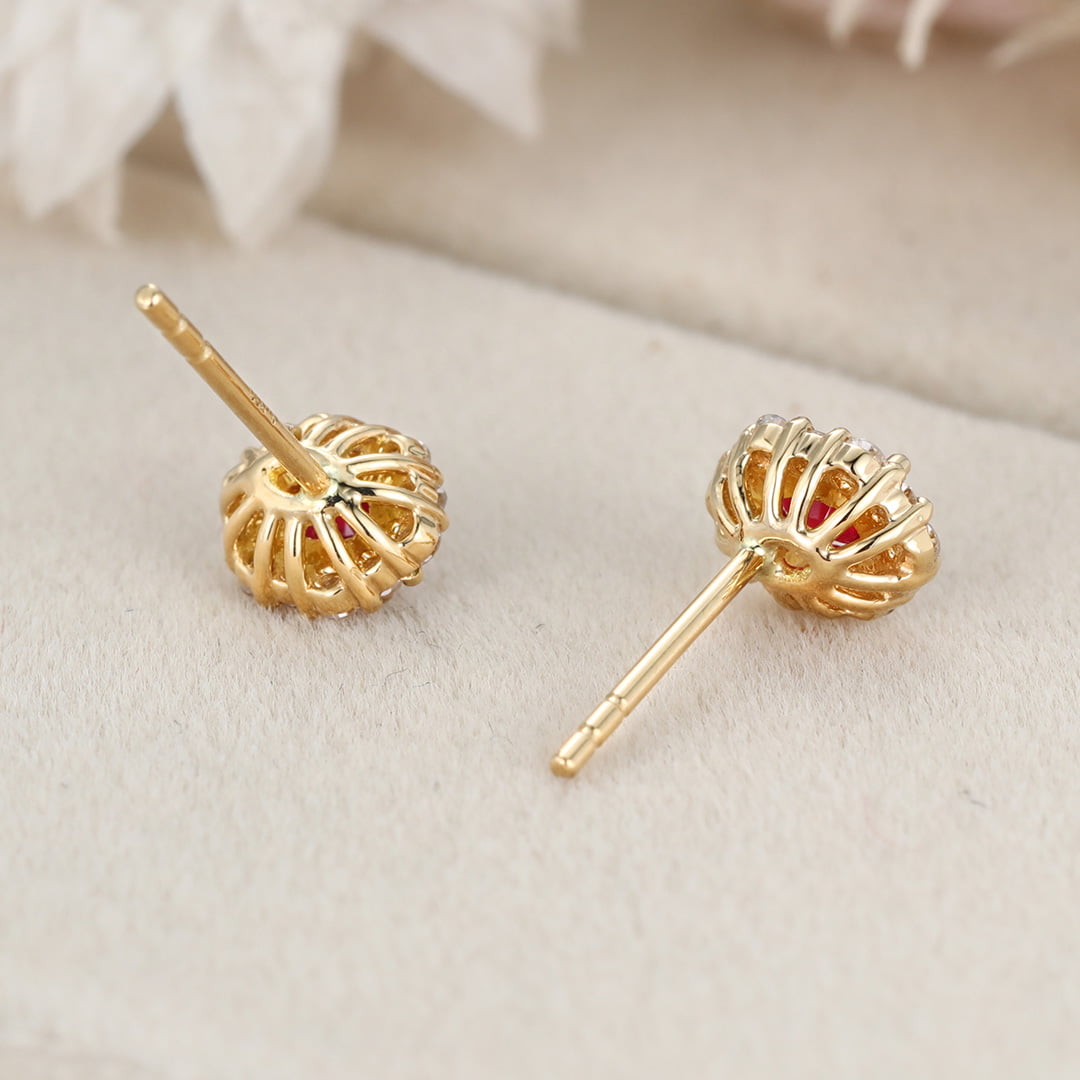 Oval Ruby Stud Earrings Moissanite Halo Earrings Elegant Earrings 18KYellow gold Earrings Dainty Diamond Earrings