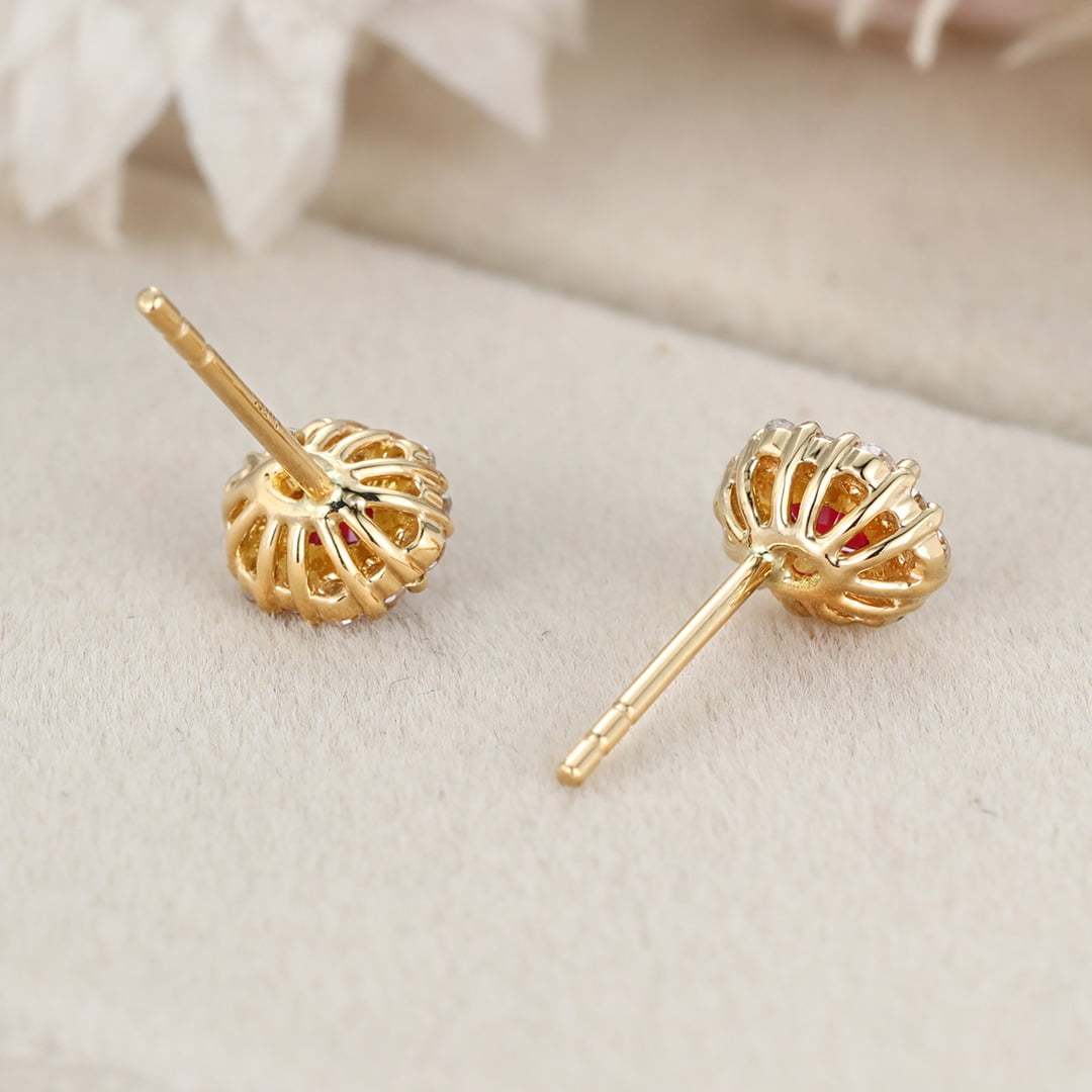 Oval Ruby Stud Earrings Moissanite Halo Earrings Elegant Earrings 18KYellow gold Earrings Dainty Diamond Earrings