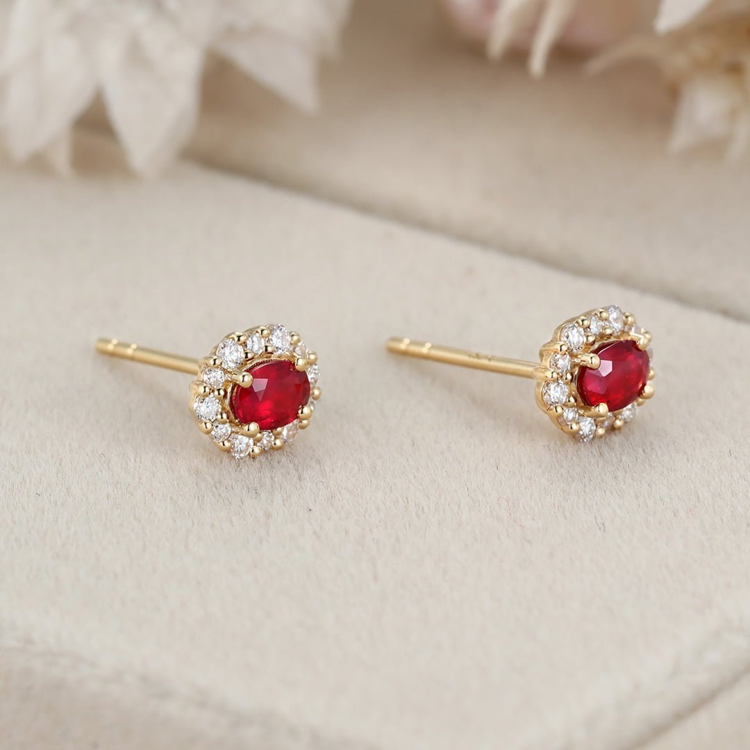 Oval Ruby Stud Earrings Moissanite Halo Earrings Elegant Earrings 18KYellow gold Earrings Dainty Diamond Earrings
