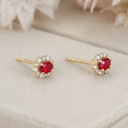 Oval Ruby Stud Earrings Moissanite Halo Earrings Elegant Earrings 18KYellow gold Earrings Dainty Diamond Earrings