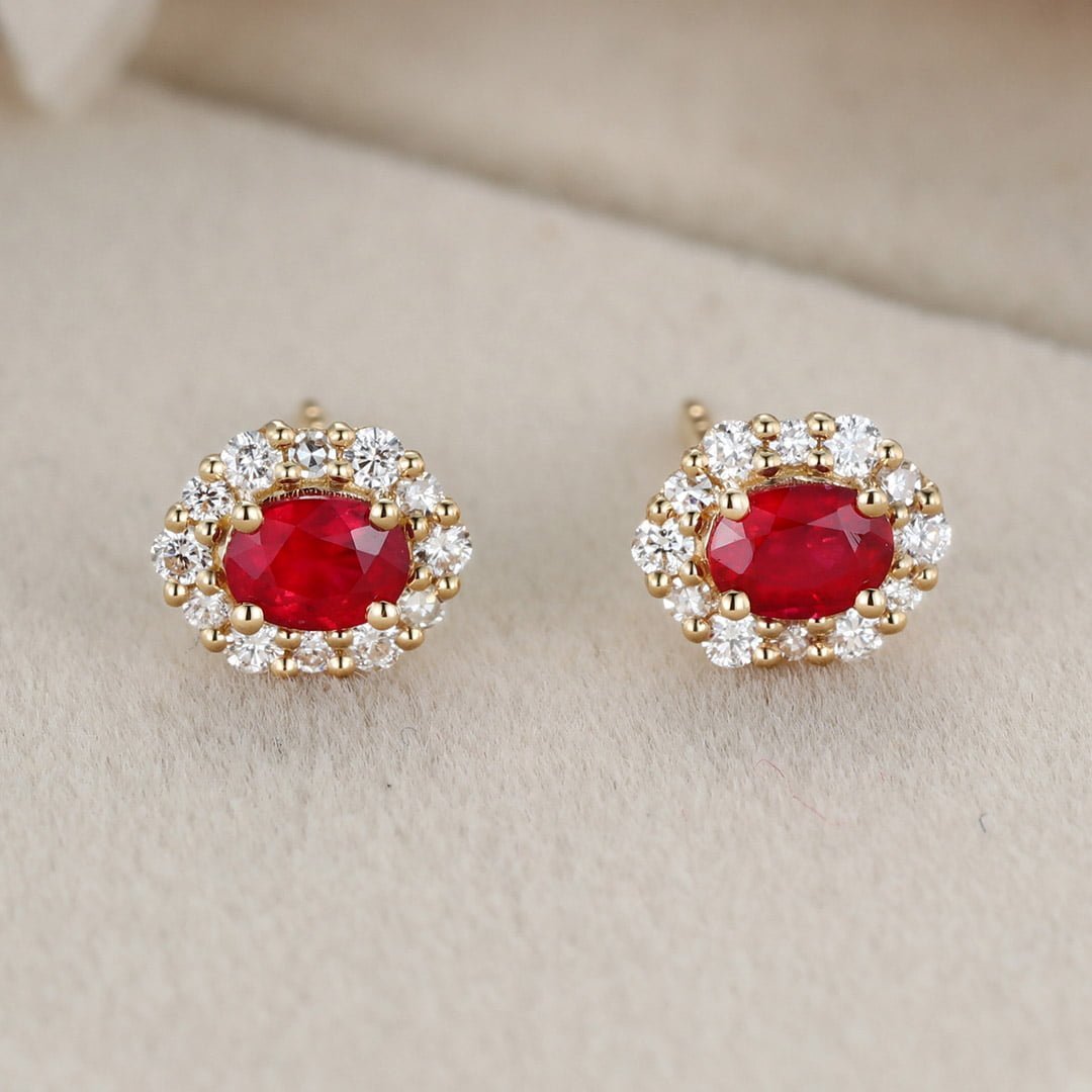 Oval Ruby Stud Earrings Moissanite Halo Earrings Elegant Earrings 18KYellow gold Earrings Dainty Diamond Earrings