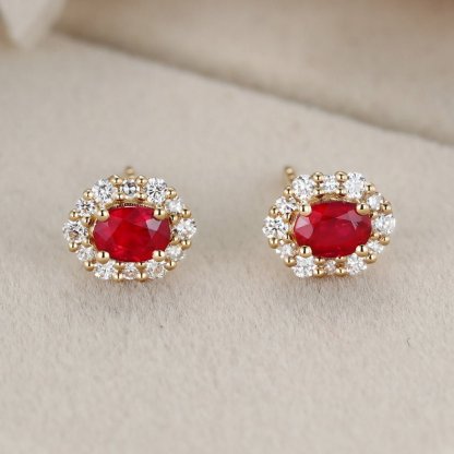 Oval Ruby Stud Earrings Moissanite Halo Earrings Elegant Earrings 18KYellow gold Earrings Dainty Diamond Earrings