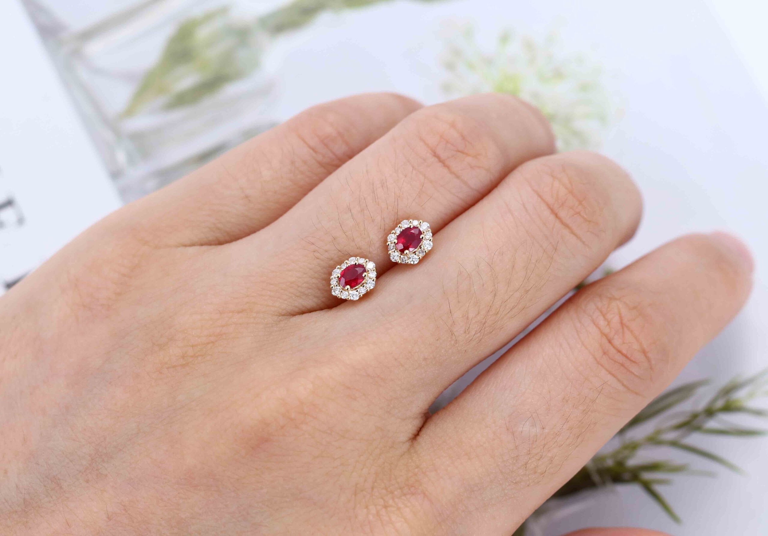 Oval Ruby Stud Earrings Moissanite Halo Earrings Elegant Earrings 18KYellow gold Earrings Dainty Diamond Earrings