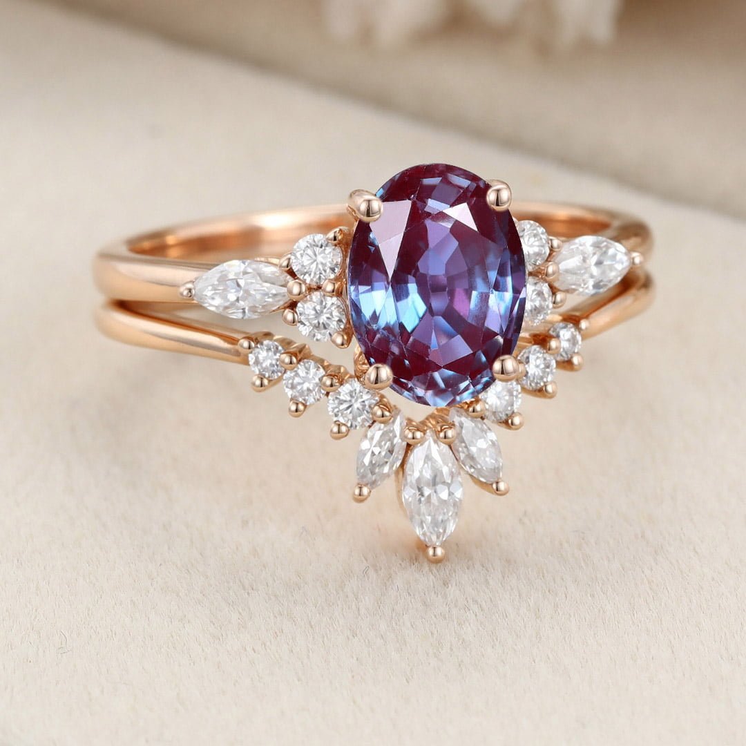 Oval Shaped Alexandrite Engagement Ring Set Vintage Rose Gold Moissanite Marquise ring Art Deco Wedding Set Bridal Anniversary promise ring