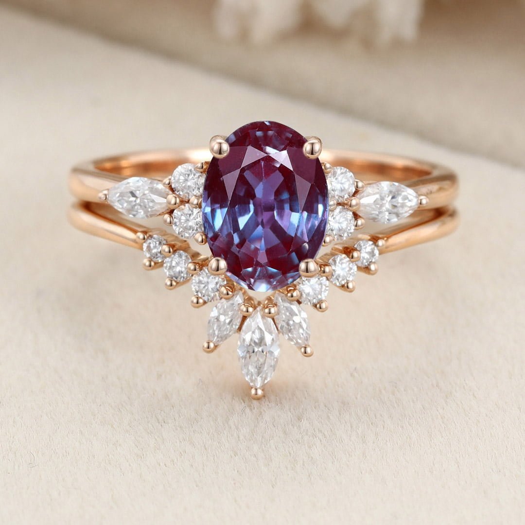Oval Shaped Alexandrite Engagement Ring Set Vintage Rose Gold Moissanite Marquise ring Art Deco Wedding Set Bridal Anniversary promise ring