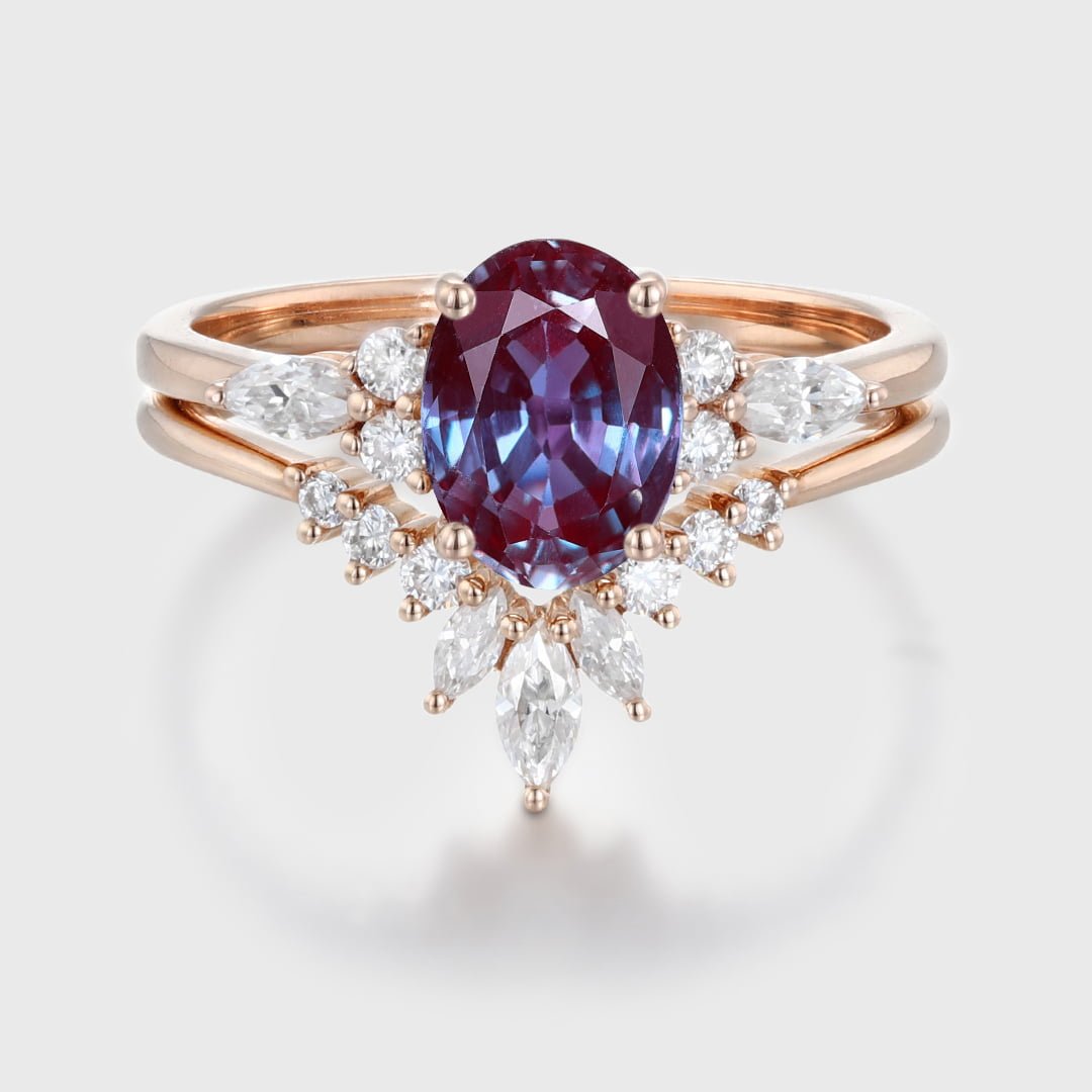 Oval Shaped Alexandrite Engagement Ring Set Vintage Rose Gold Moissanite Marquise ring Art Deco Wedding Set Bridal Anniversary promise ring