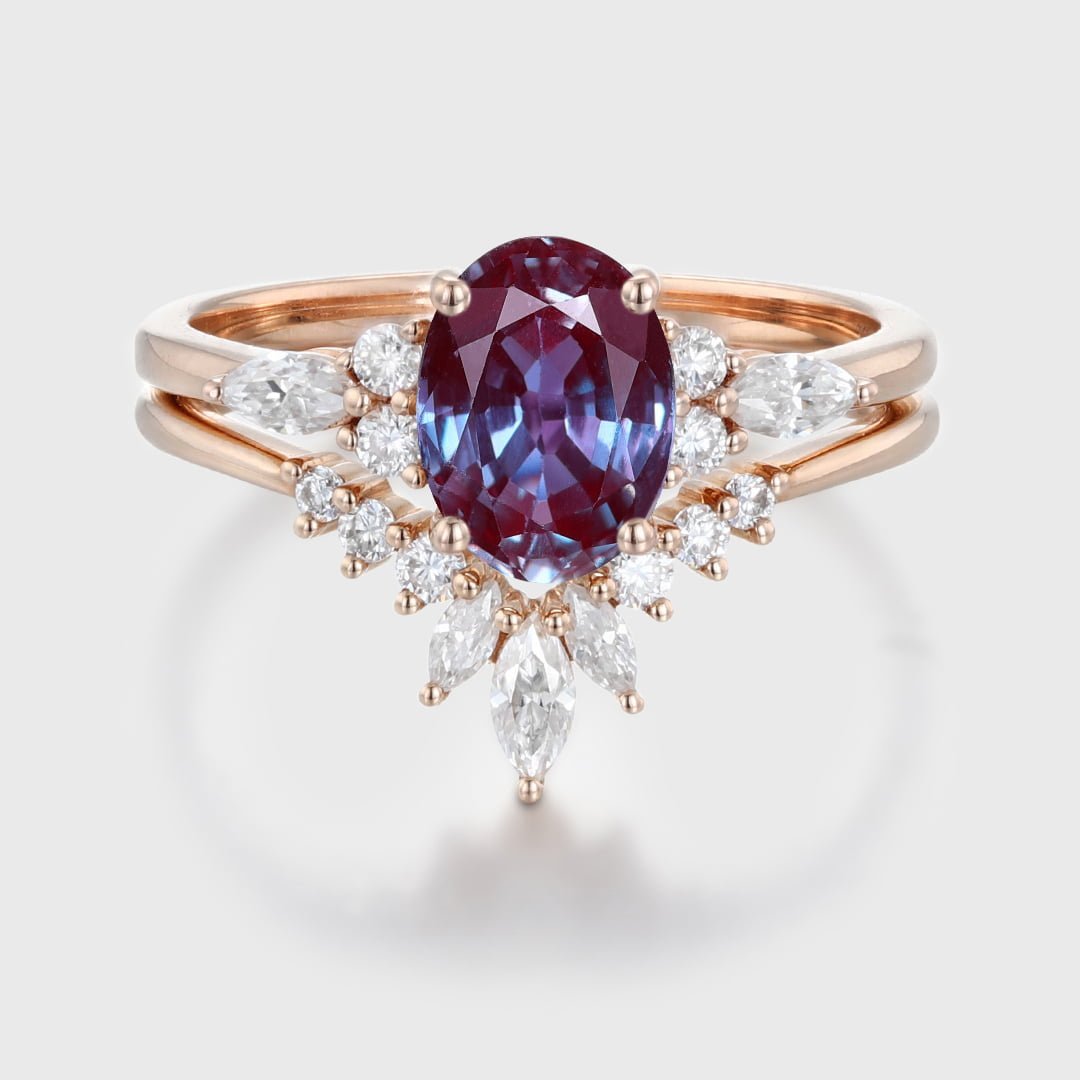 Oval Shaped Alexandrite Engagement Ring Set Vintage Rose Gold Moissanite Marquise ring Art Deco Wedding Set Bridal Anniversary promise ring